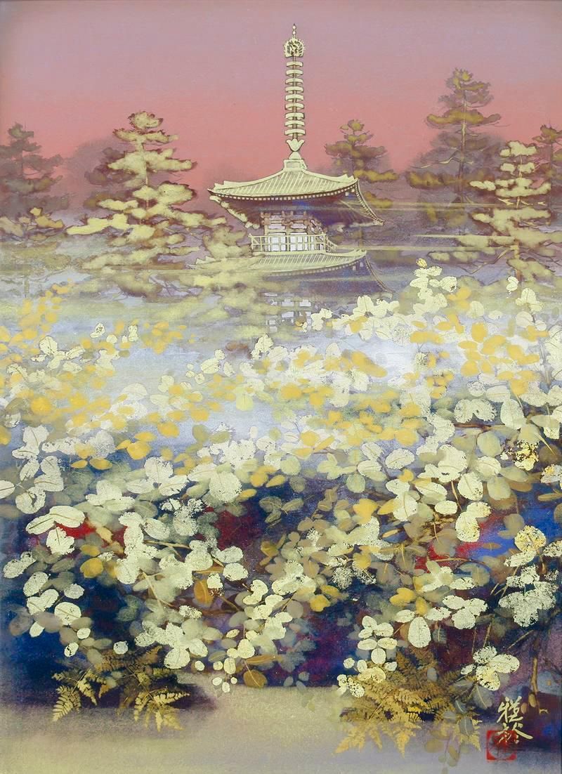 真作】【WISH】土屋雅裕「萩塔境」日本画 8号 金落款 金箔 金泥 共