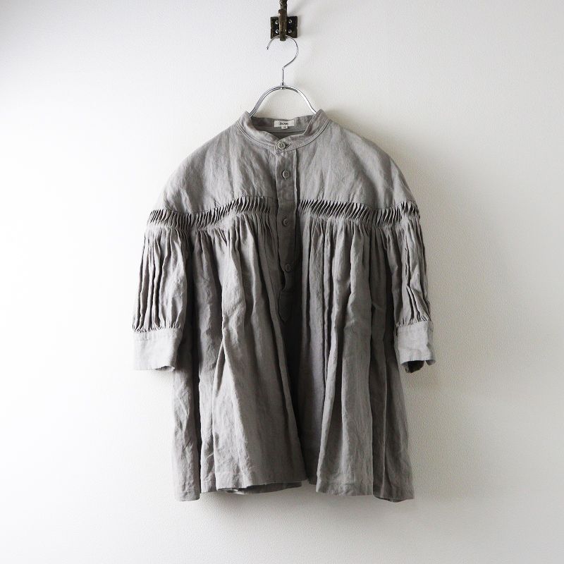 Scye 半袖グレー　リネンタックブラウス サイ Scye リネン高密度タック半袖シャツ 38＼グレー ブラウス フレア