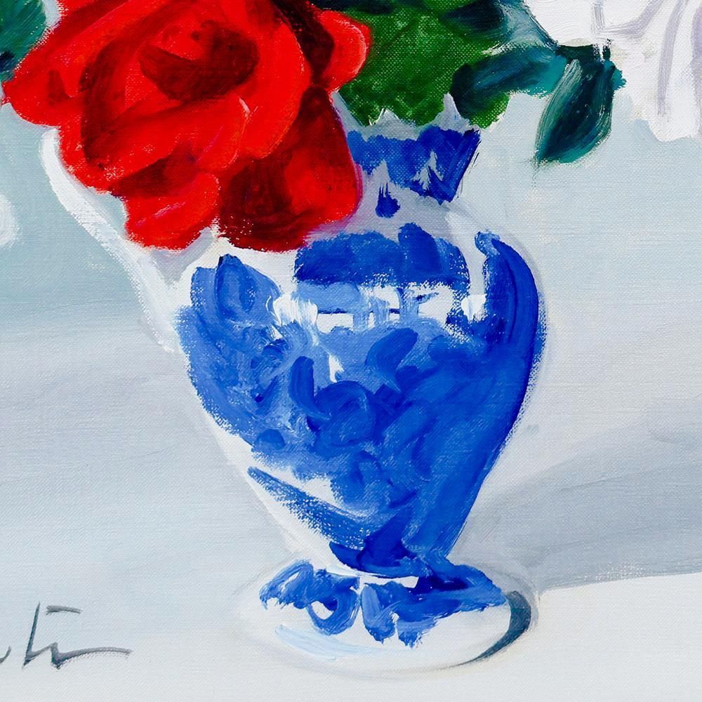 真作】【WISH】木下孝則 油彩 8号 ◇青い壺に咲く赤とピンクの華やぎ