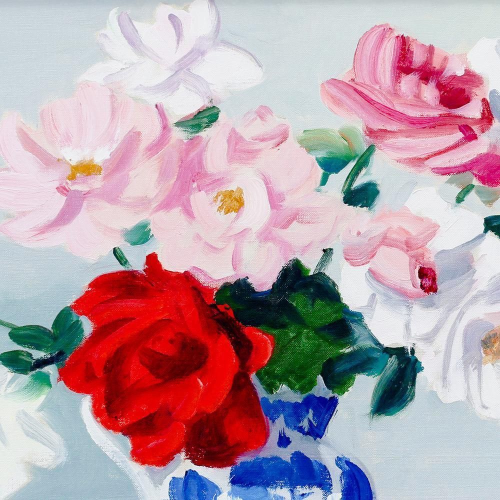 真作】【WISH】木下孝則 油彩 8号 ◇青い壺に咲く赤とピンクの華やぎ