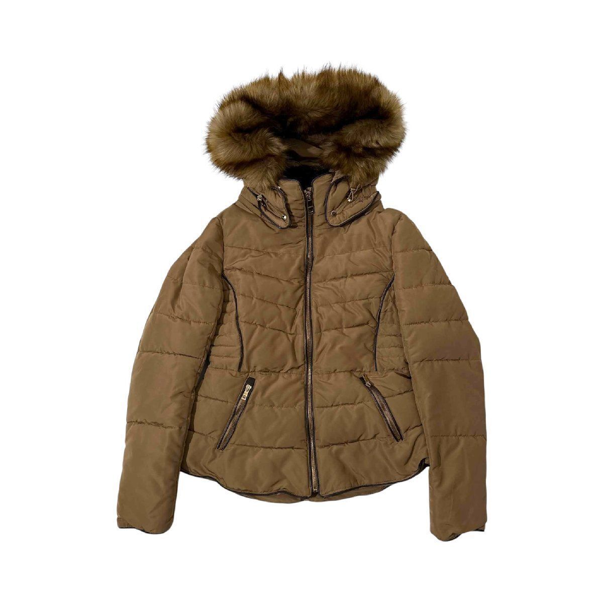 極美品✨ZARAザラ ダウンコートレディースフード L ブラウン 美品】ZARA BASIC ザラ ダウンジャケット リアルファー フード