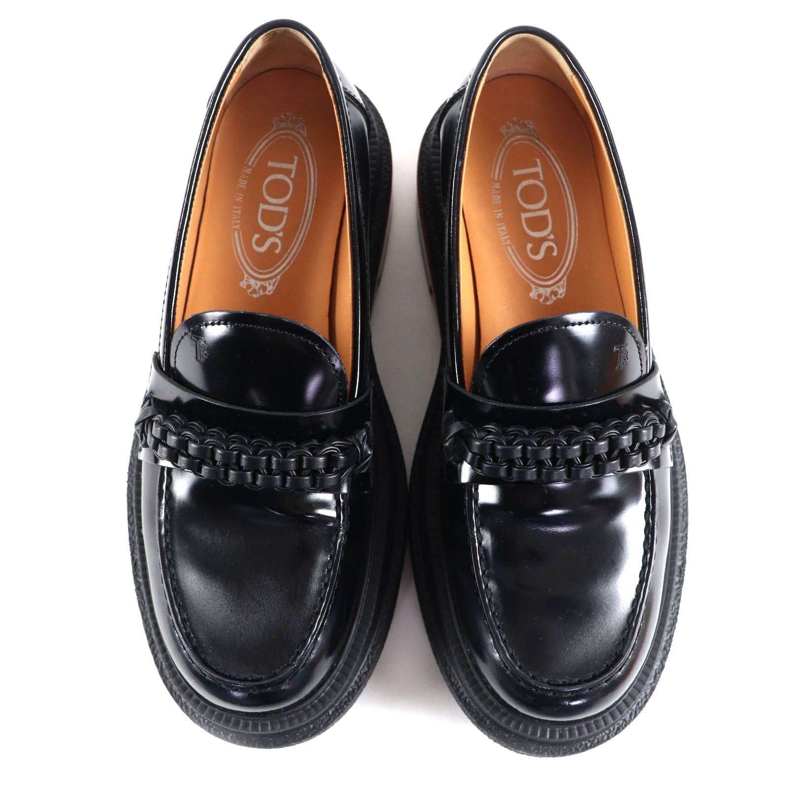 美品◇TOD'S トッズ 編み込みデザイン ウッドヒール レザーローファー