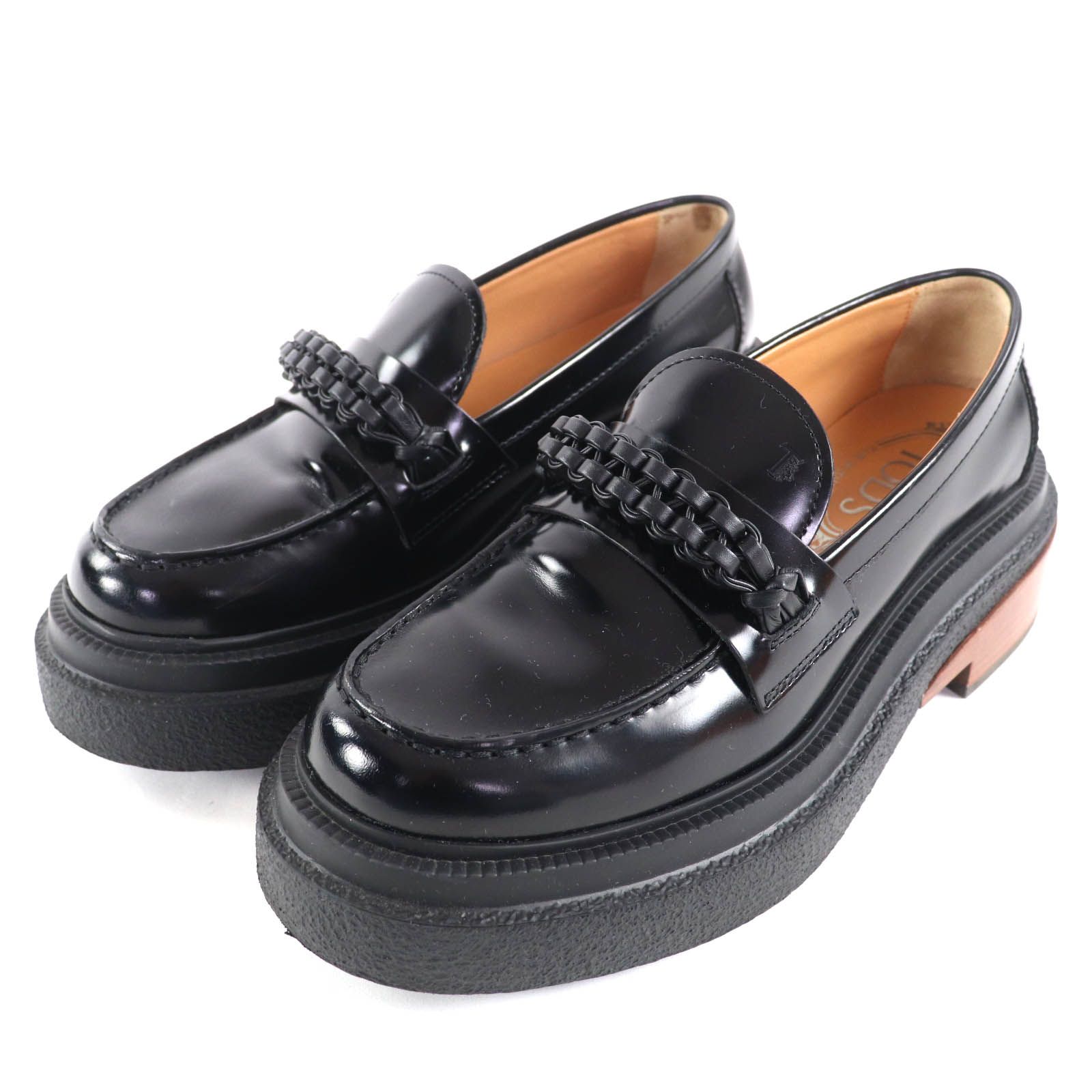 美品◇TOD'S トッズ 編み込みデザイン ウッドヒール レザーローファー
