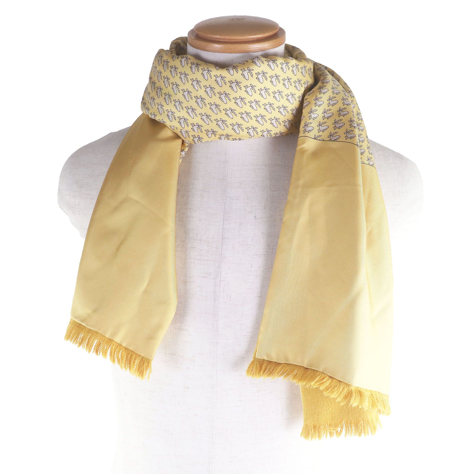 極美品□HERMES エルメス シルク アンゴラ シカ 総柄 フリンジ