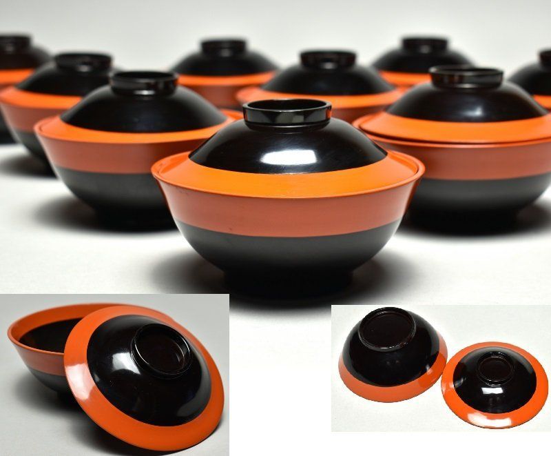 蔵A5151d】木製富士形 黒朱塗分け 吸物椀 汁椀 十客 - メルカリ