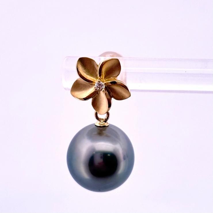 K18YG 黒蝶真珠 ピアス パール約9.7mm ダイヤ0.02ct 新品ジュエリー