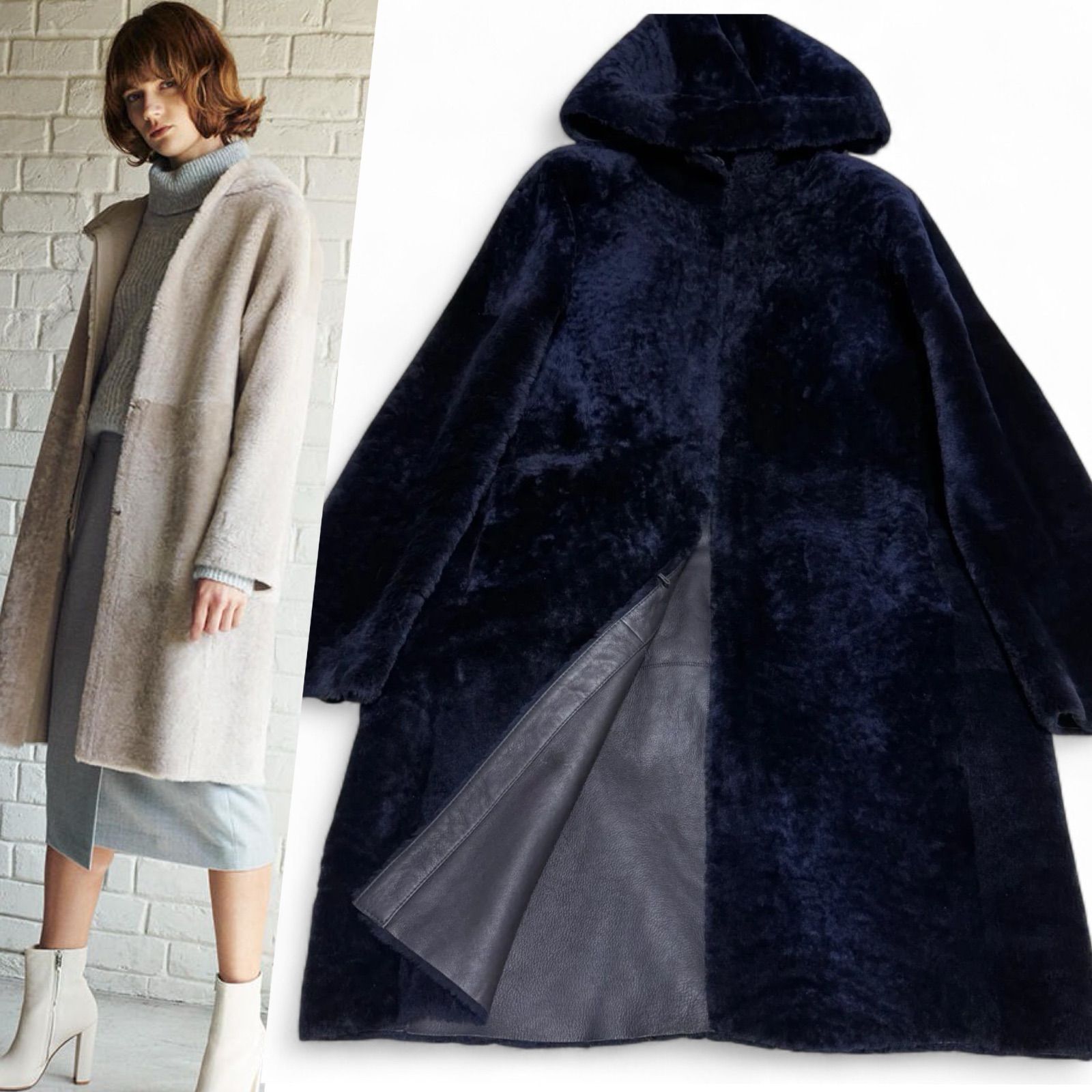 美品 近年Theory リバーシブルムートンコート シアリング ネイビー