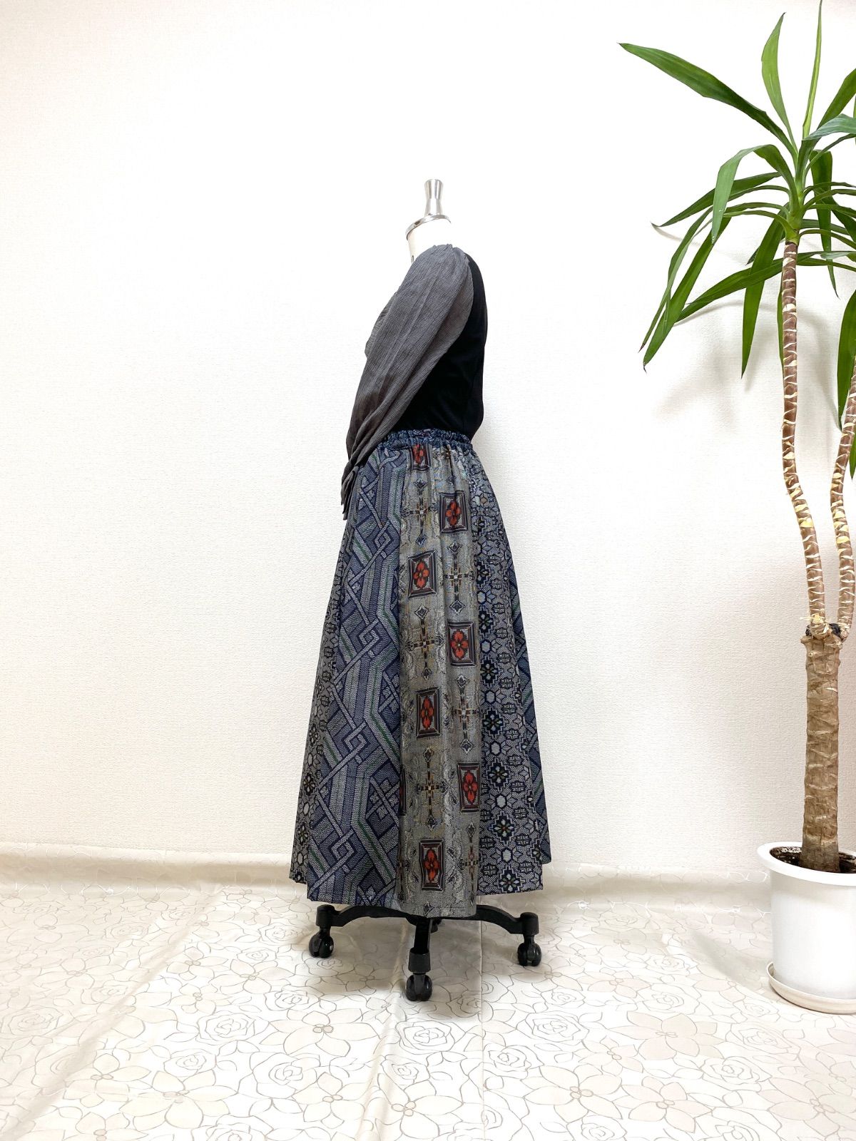 大人可愛いセレブ大島着物スカート大島紬着物リメイクロングスカート  