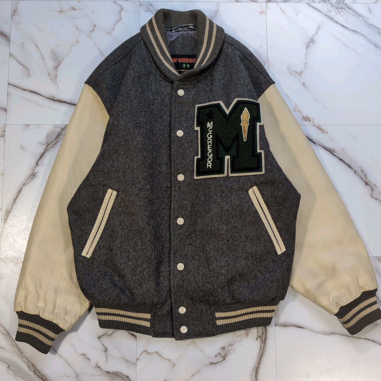 70s 80s McGREGOR タツノオトシゴ黒タグ 袖レザー STADIUM JUMPER