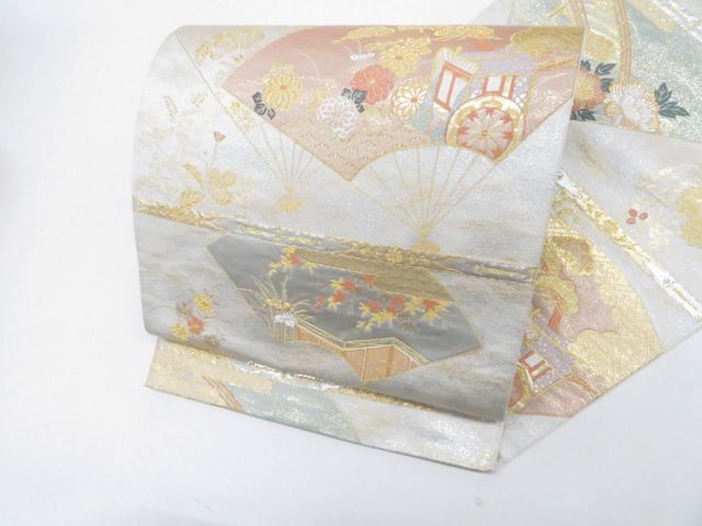 【激安】ねこの袋帯　1611 京松】袋帯 六通柄 金銀糸 扇子文様 正絹 美品 kyo7b11-362 - メルカリ