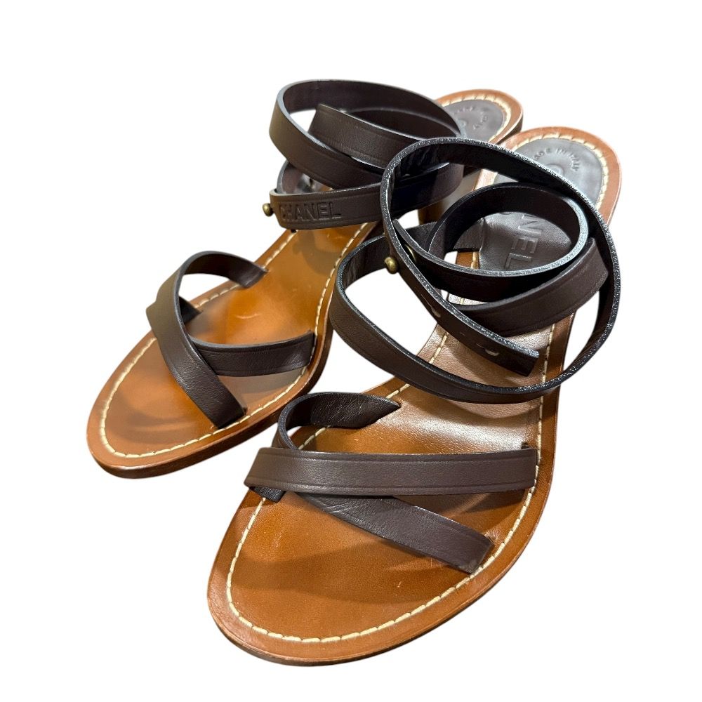 美品 CHANEL シャネル ココマーク レザー アンクルストラップ サンダル