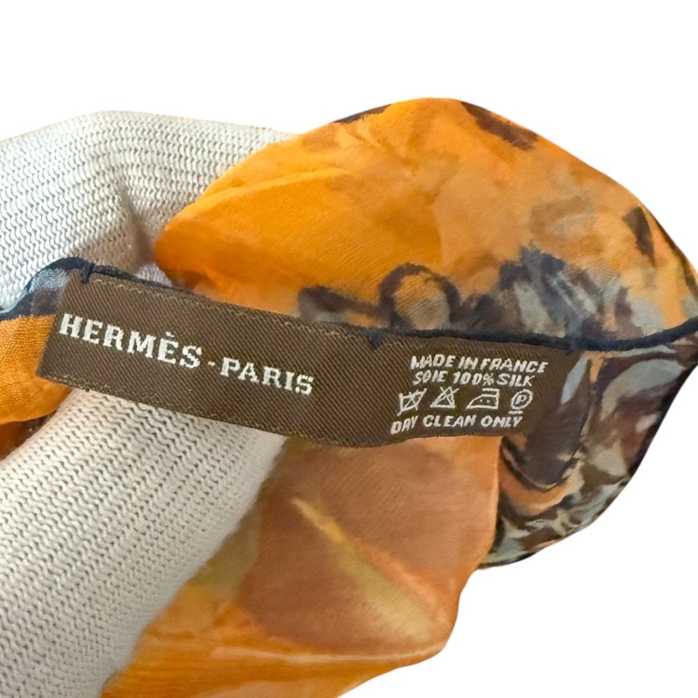 美品 HERMES エルメス 総柄 シルク100％ シアー ストール オレンジ
