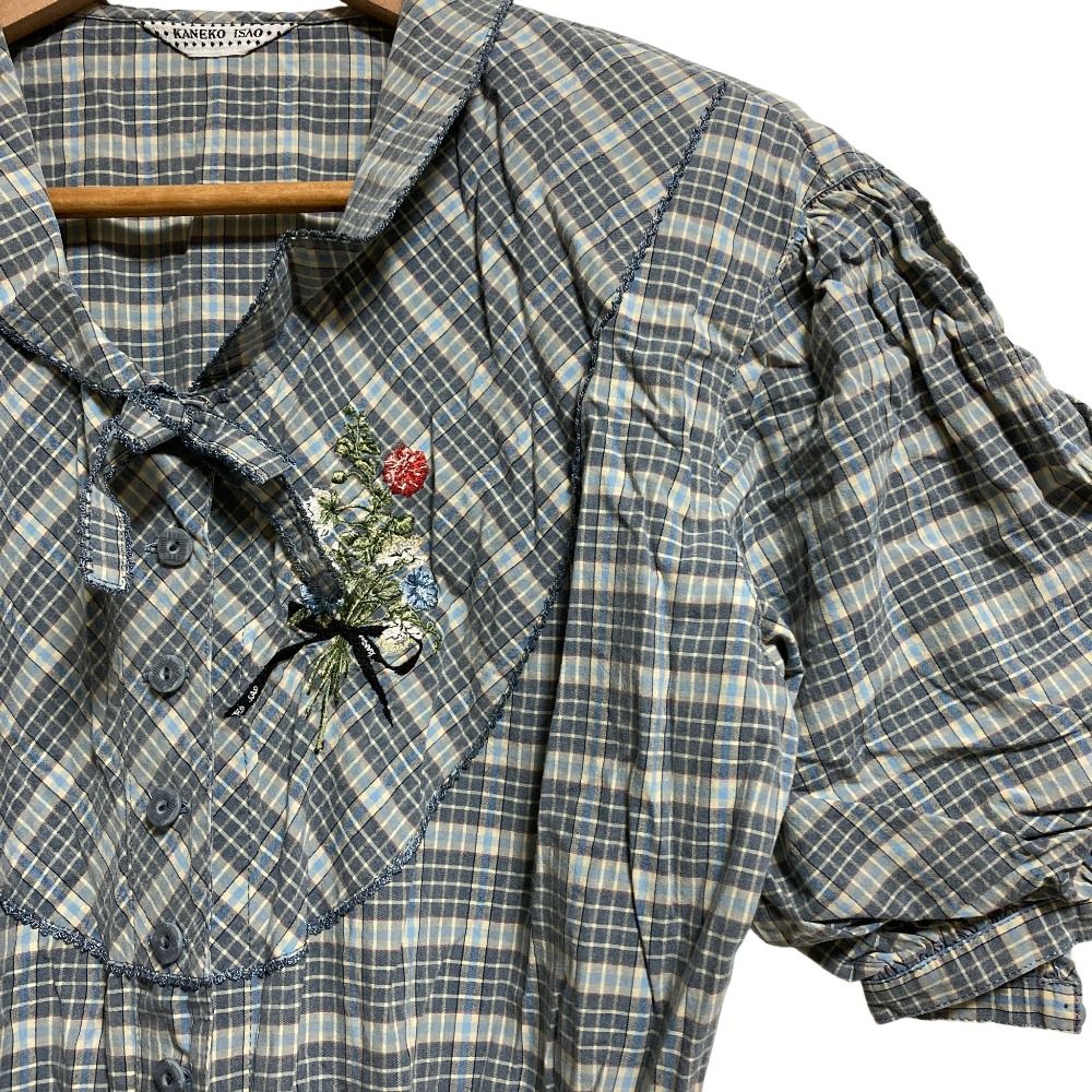 カネコイサオ 花柄ワンピース KANEKO ISAO 黄色 チェック フラワー 美品 KANEKO ISAO カネコイサオ チェックリボン フラワー刺繍
