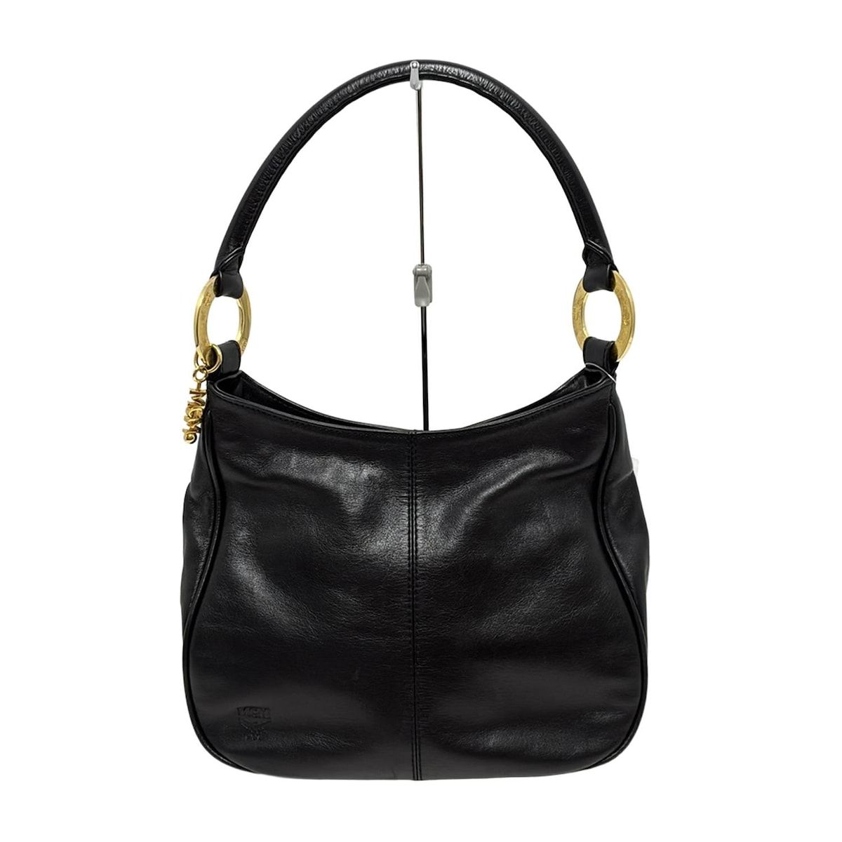 MCMエムシーエムブラックナイロン×レザーヴィゼトス総柄ミニボストン