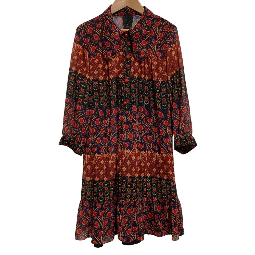 ANNASUI アナスイ レトロフラワー柄 長袖 シアーシャツワンピース サイズP オレンジ レディース 古着