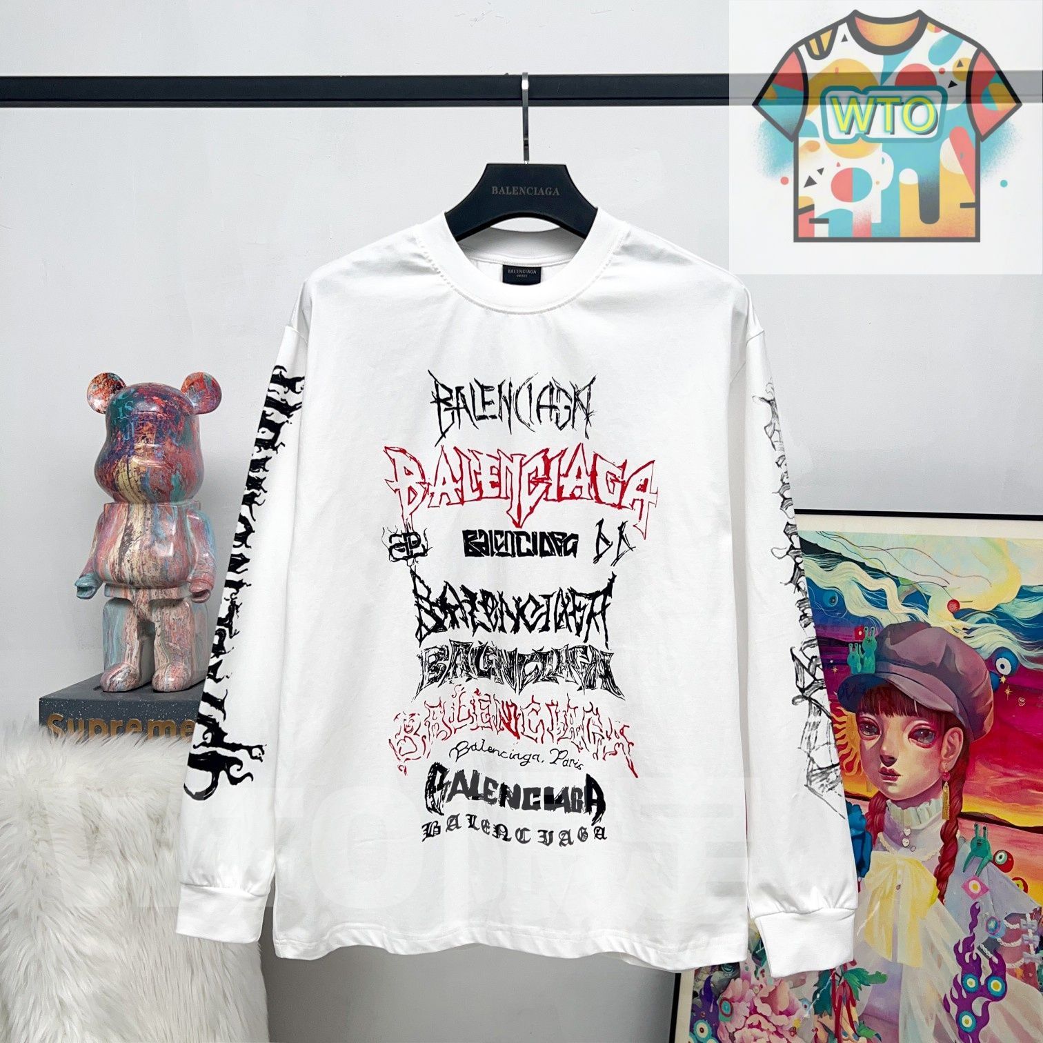 BALENCIAGA ホワイト ロングスリーブ Tシャツ L 本日限定特価】BALENCIAGA メンズ＆レディース ロングスリーブ Tシャツ