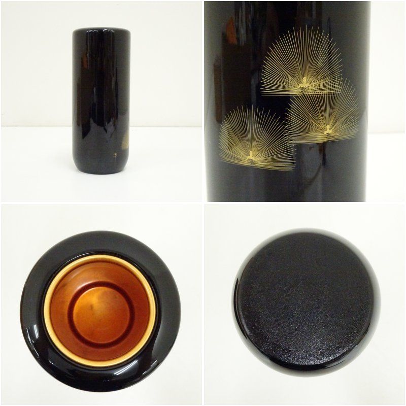 輪島塗 東恒博造 寿松沈金花器（共箱） 花瓶 生け花 花入れ おしゃれ