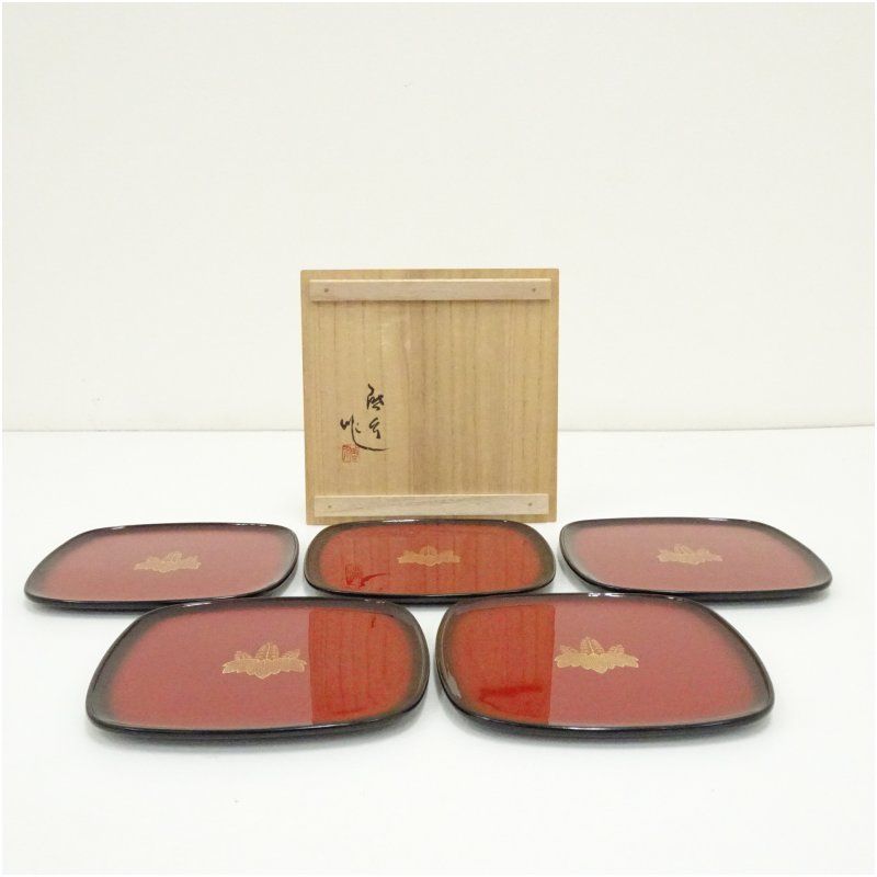 輪島塗 小西啓介造 沈金桐文銘々皿5客（共箱） 茶器 菓子器 おしゃれ