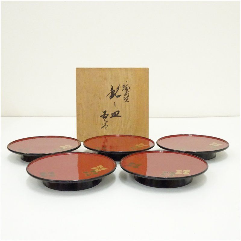 輪島塗 朱花図銘々皿5客（共箱） 茶器 菓子器 おしゃれ 和菓子 干菓子