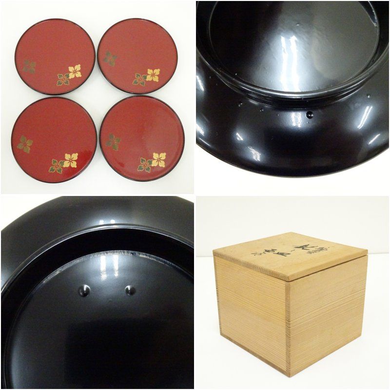 輪島塗 朱花図銘々皿5客（共箱） 茶器 菓子器 おしゃれ 和菓子 干菓子