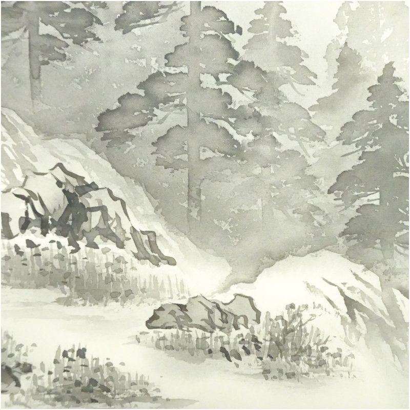 水墨山水画 絹本掛け軸 一堂筆【落款印譜在】 軸先木軸