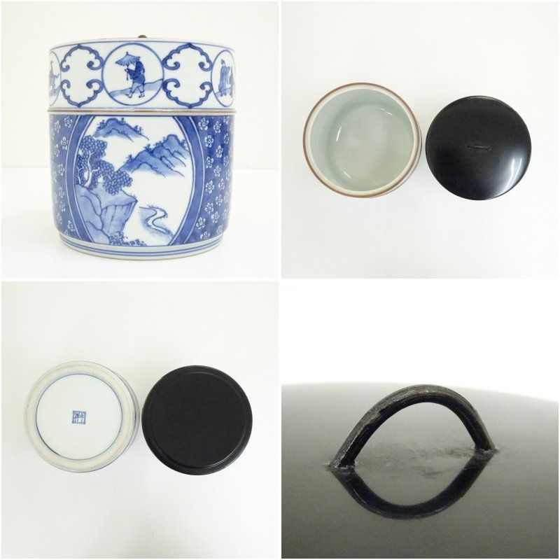 イ441 水指『清閑寺窯　杉田祥平造』『祥瑞山水同紐花鳥窓枠画水指　共箱』茶道具 栗山園オンライン通販部 / 【出物】 祥瑞間取山水画水指 清閑寺窯