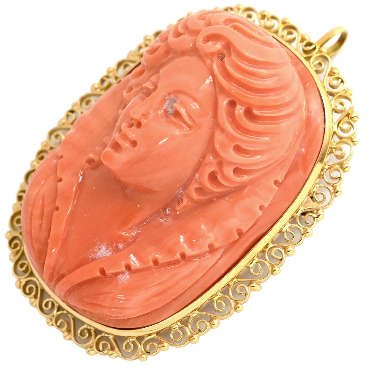 ブローチ サンゴ カメオ イエローゴールド ピンク 彫刻 珊瑚