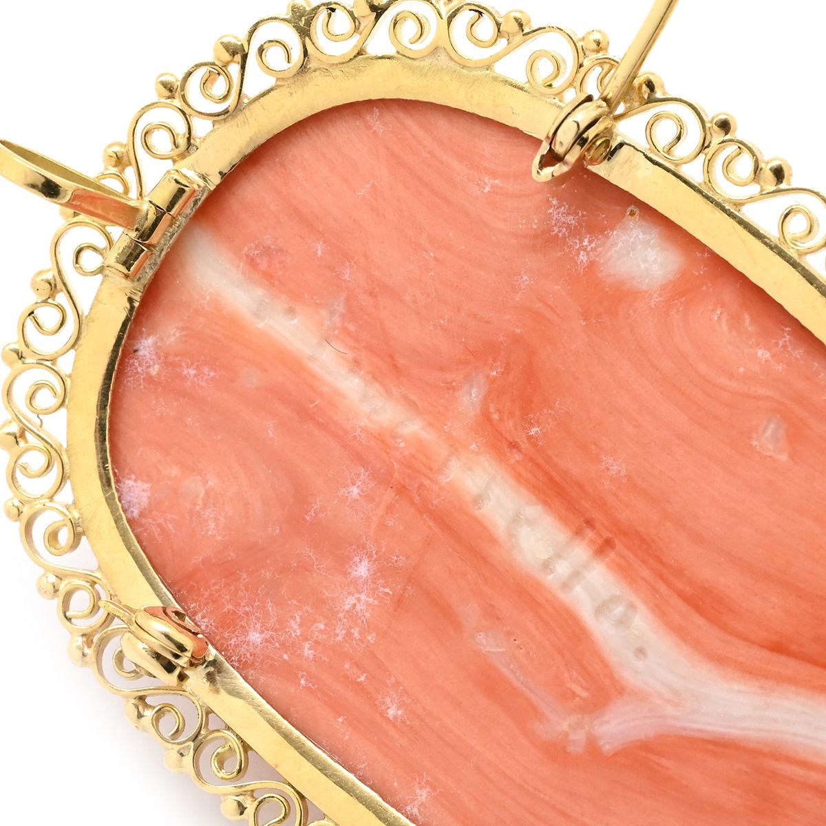 ブローチ サンゴ カメオ イエローゴールド ピンク 彫刻 珊瑚