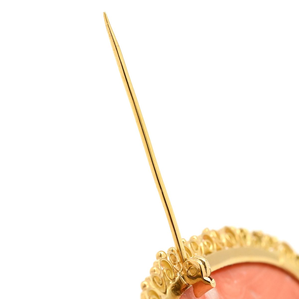 ブローチ サンゴ カメオ イエローゴールド ピンク 彫刻 珊瑚