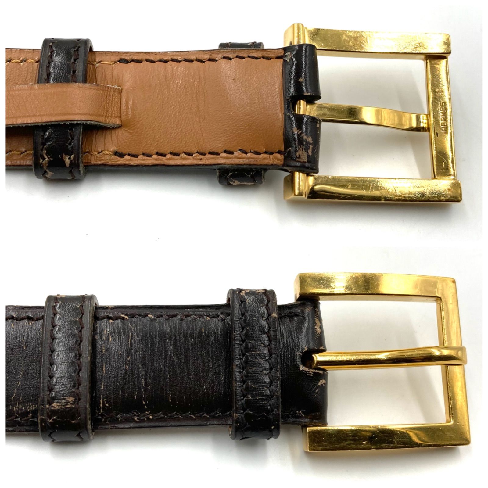 □稀少□HERMES エルメス レザーベルト ダークブラウン ゴールド金具