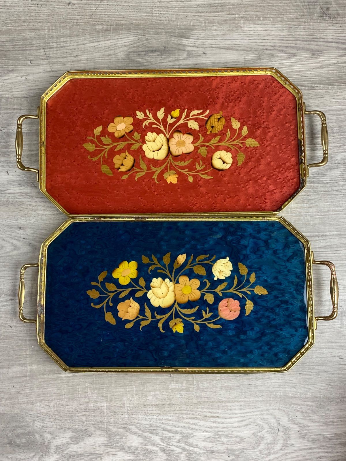 希少アンティークレトロイタリア製象嵌トレイ (お盆) 未使用 長期保管品 トレー イタリア製 トレイ 象嵌細工 お盆 花柄