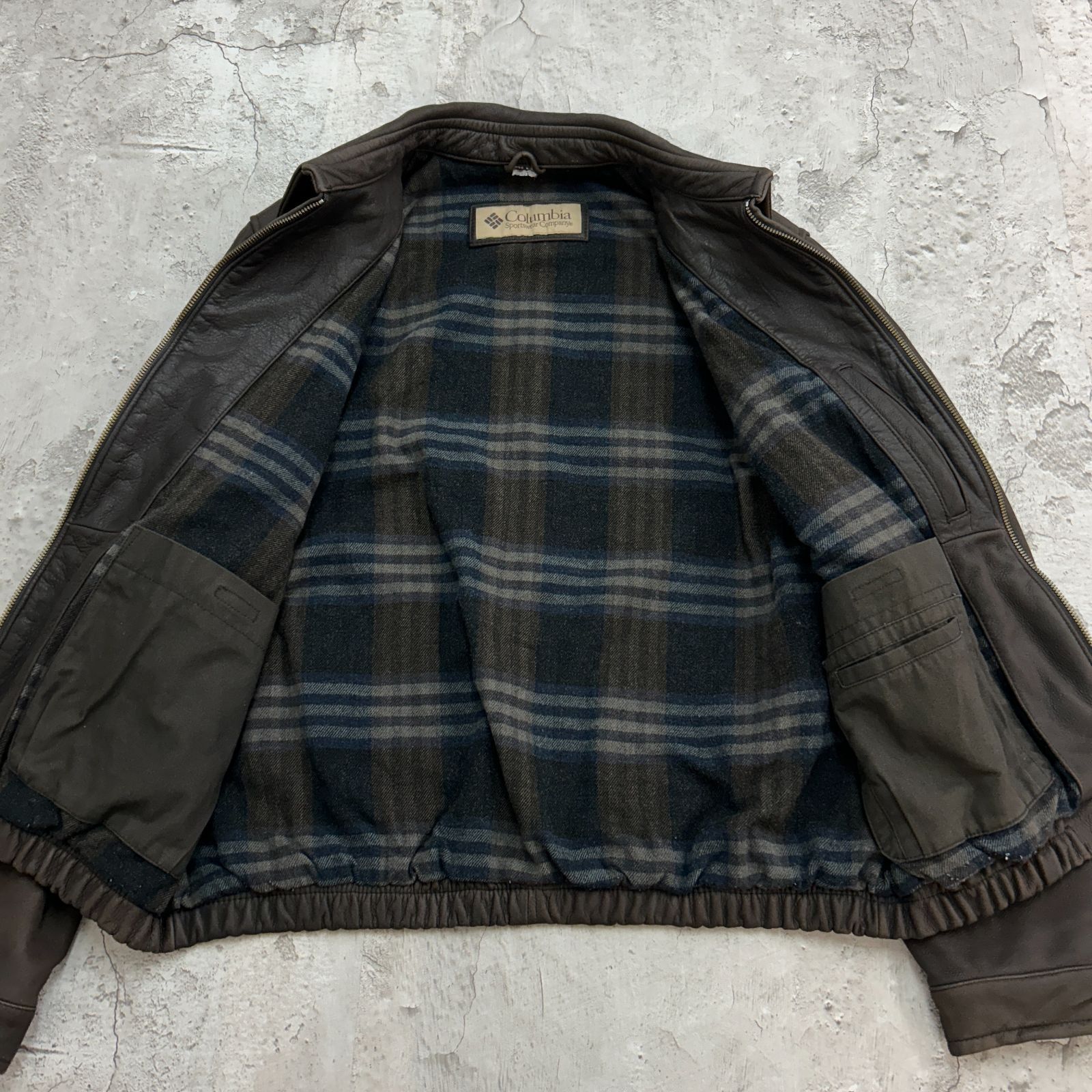 90s Columbia 本革レザージャケット ブラウン チェックライナー XL 90s columbia コロンビア レザーフライトジャケット スイングトップ