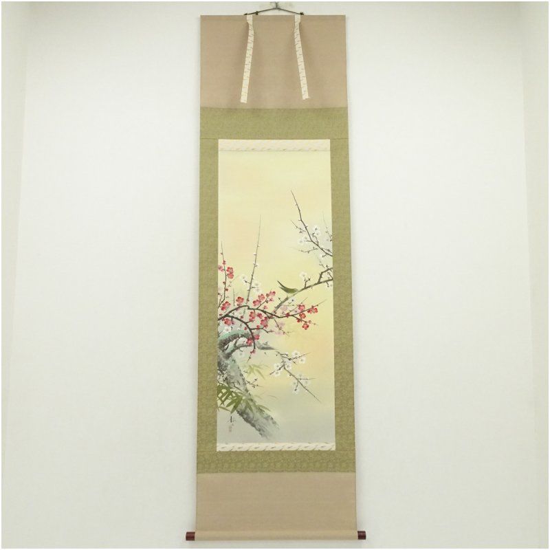 花村梅泉筆 梅に鶯 肉筆絹本掛軸（共箱） 掛け軸 床の間 書 おしゃれ