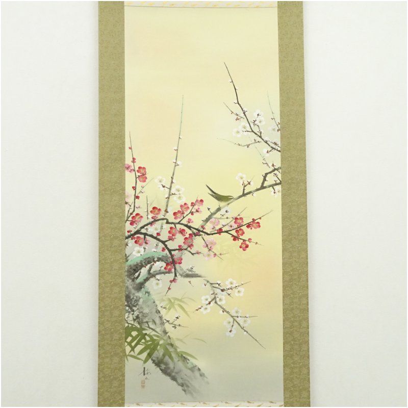 花村梅泉筆 梅に鶯 肉筆絹本掛軸（共箱） 掛け軸 床の間 書 おしゃれ