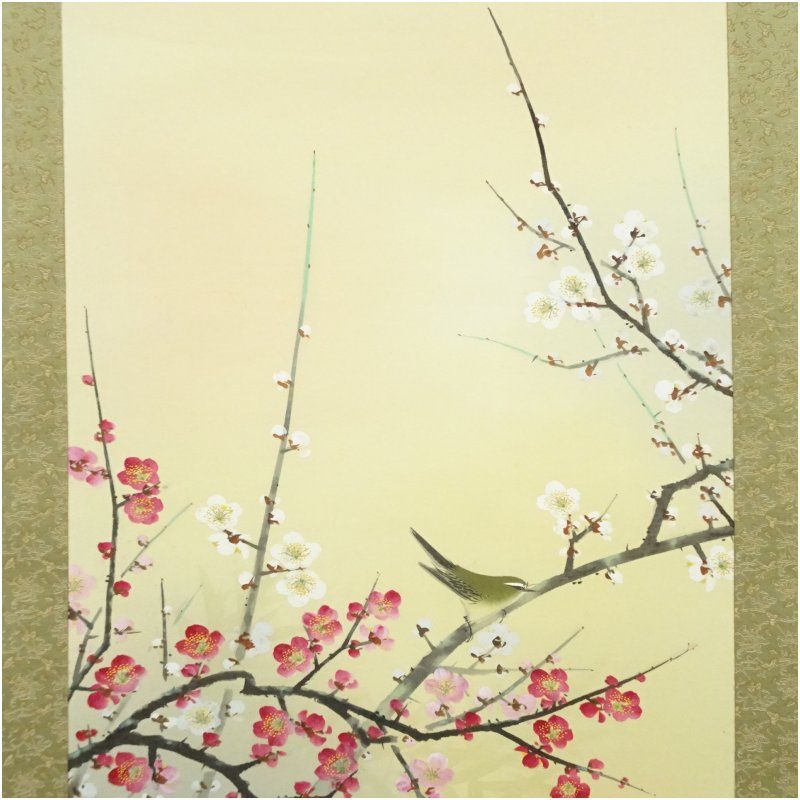 花村梅泉筆 梅に鶯 肉筆絹本掛軸（共箱） 掛け軸 床の間 書 おしゃれ