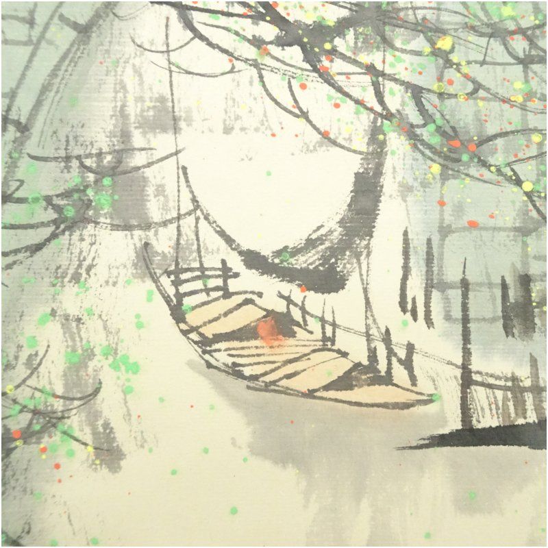 愛新覚羅福文筆 南国水郷 風景 肉筆紙本掛軸（共箱） 掛け軸 床の間 書