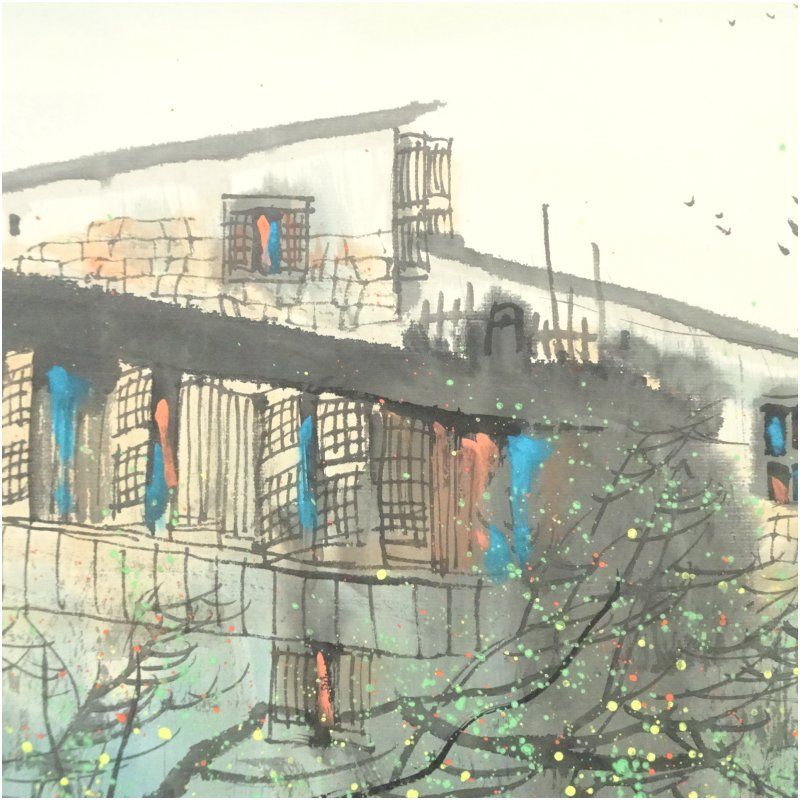 【真作】愛新覚羅福文/南国水郷図/山水図/横物/掛軸/名家伝来/AB-919 真作】愛新覚羅福文/南国水郷図/山水図/横物/掛軸/名家伝来/