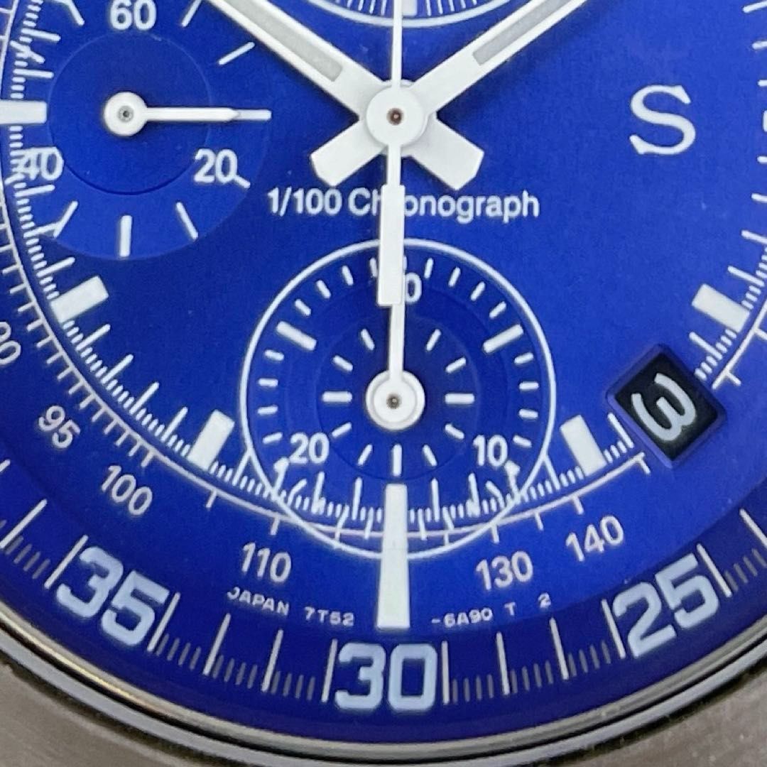 動作OK】SEIKO SUS 1/100クロノグラフ 7T52-6B00 青ブルー文字盤 QZ