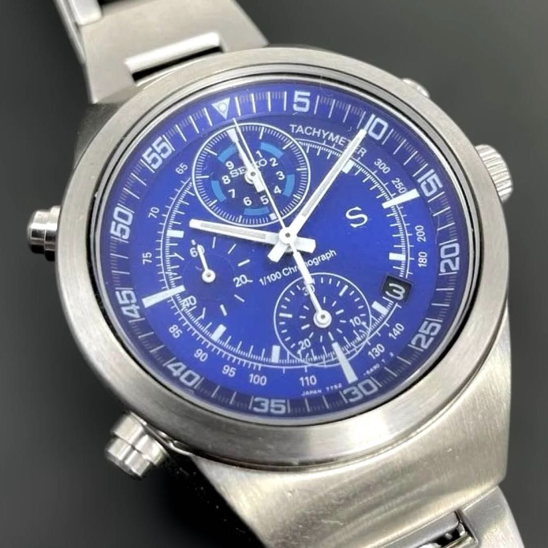 動作OK】SEIKO SUS 1/100クロノグラフ 7T52-6B00 青ブルー文字盤 QZ