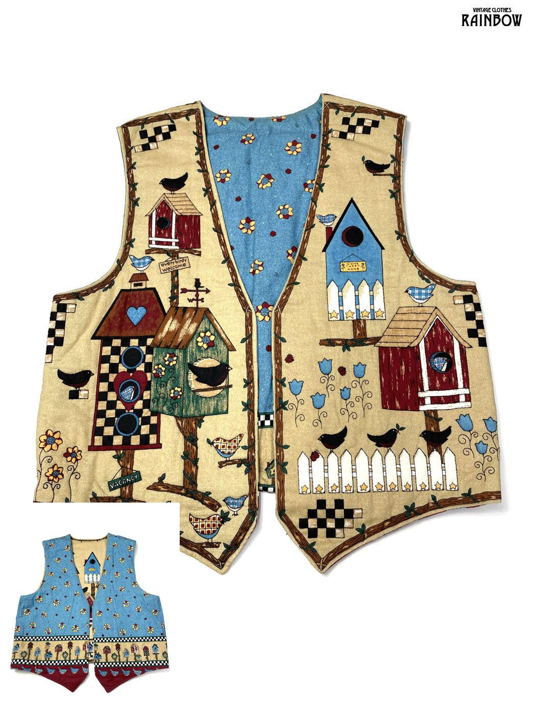 古着 リバーシブル 花柄 総柄 鳥小屋 コットン ノースリーブ ベスト 青 ベージュ (ttu2510191)