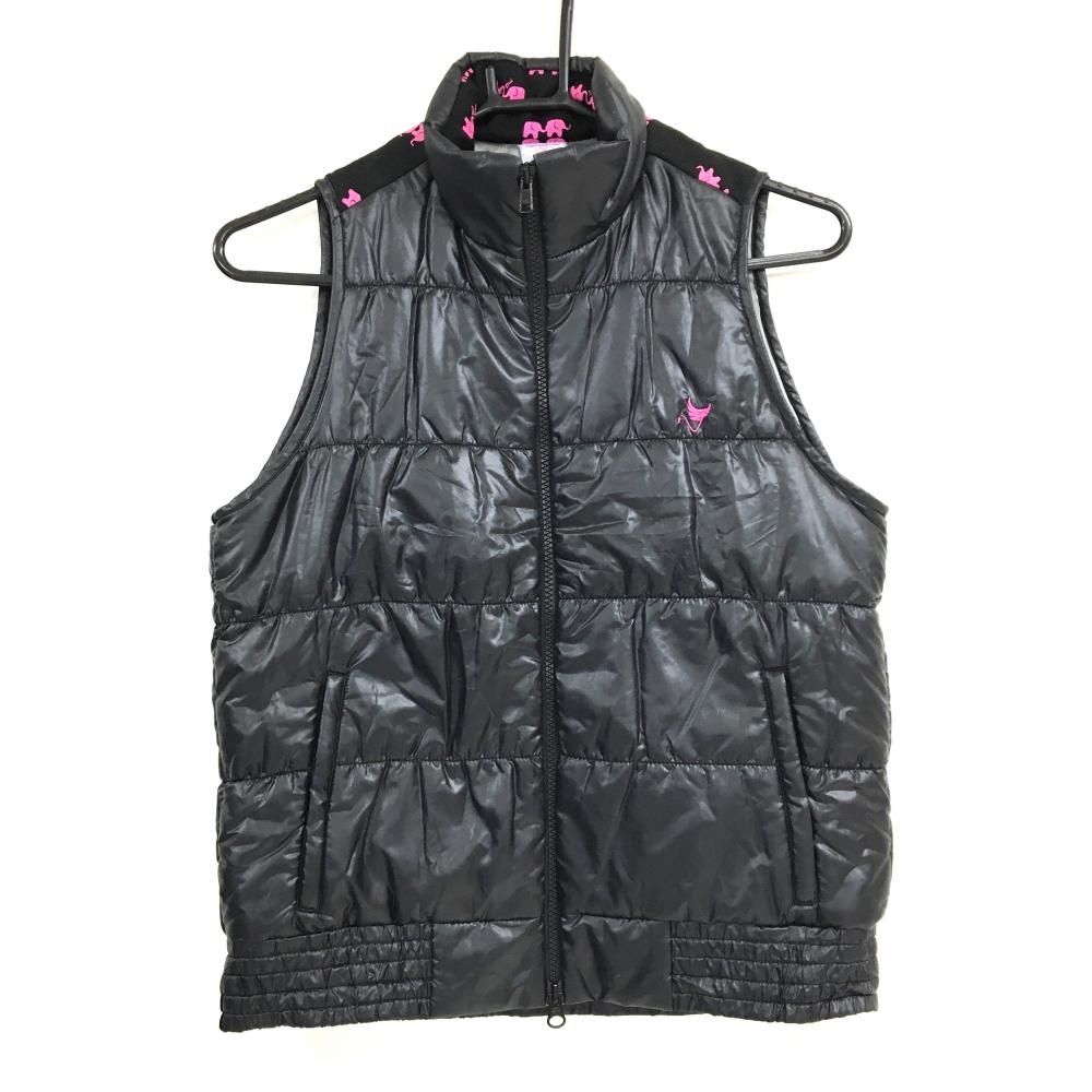【超美品】クランク 中綿ベスト 黒×ピンク 背面上部エレファント総柄 蓄熱裏地 レディース M ゴルフウェア CLUNK