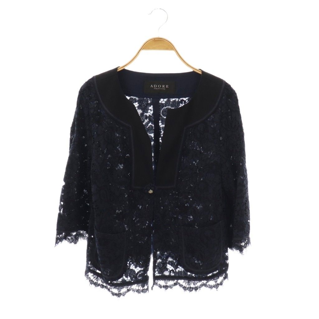 アドーア ADORE レースノーカラージャケット 38 ネイビー ブラック /DO