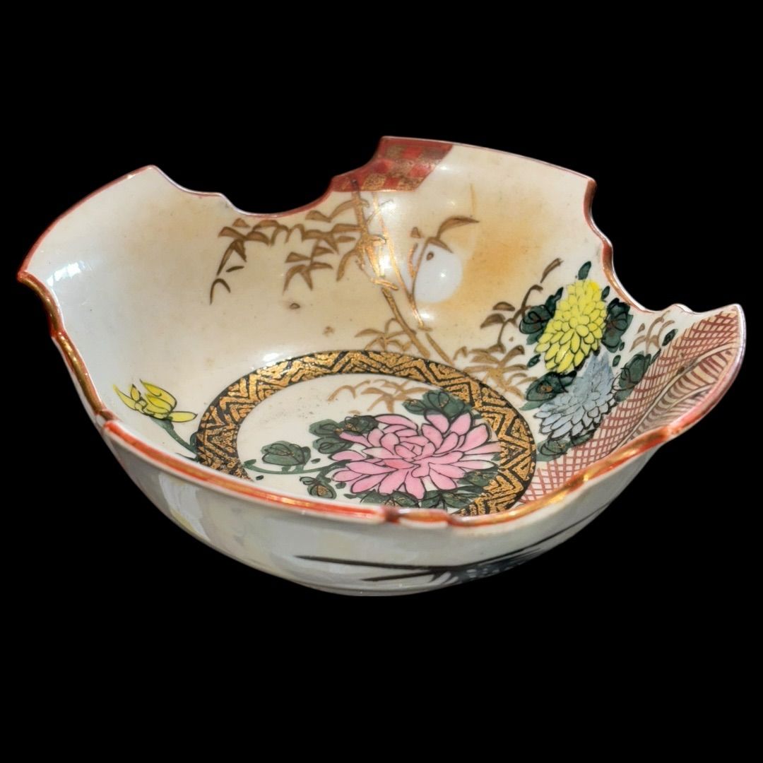 明治九谷焼 手描き深鉢 山小屋風景文 青粒 古美術品 骨董 蒐集家放出美