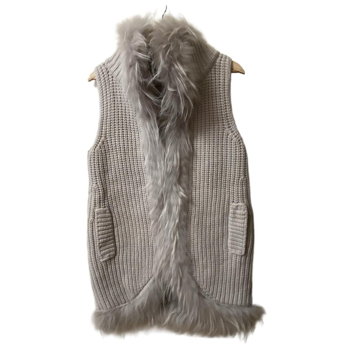 HERNO ヘルノ ダウンベスト サイズ42 M レディース - アイボリー×ベージュ リバーシブル ファー フィンラクーン ロング丈 冬