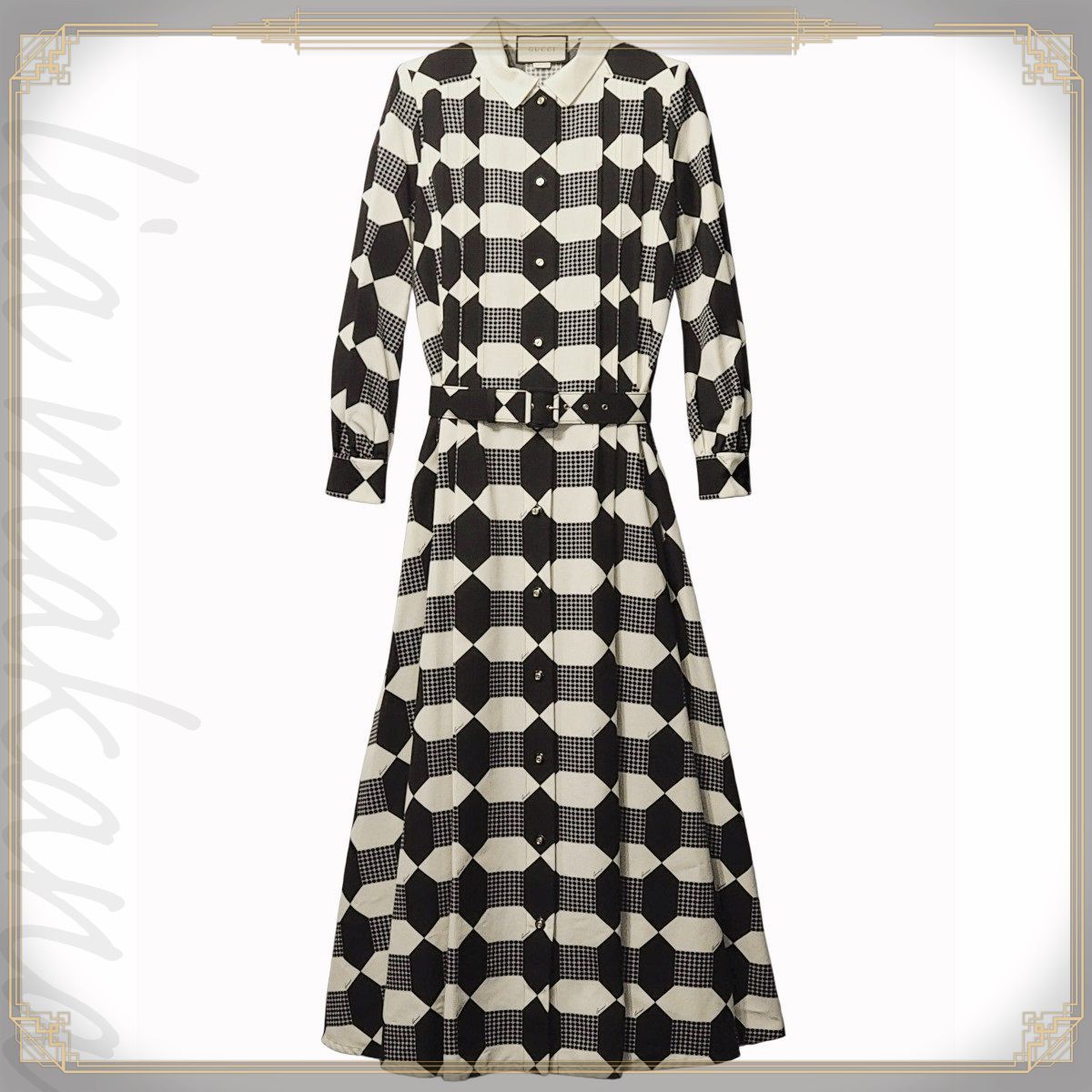 GUCCI グッチ オプティカル ドレス シャツドレス ワンピース 長袖 幾何学模様 ブラック 黒 アイボリー インターロッキングGボタン ベルト付き ＃36 イタリア製 664317 Z 8 AWG