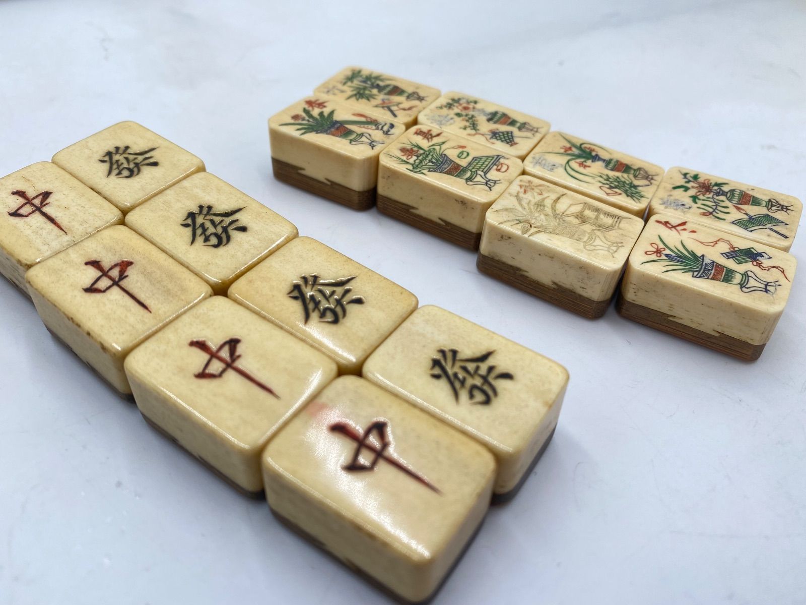 中国美術 麻雀セット 背竹牌 骨牌 麻雀牌 箱付 時代 革箱付 - メルカリ