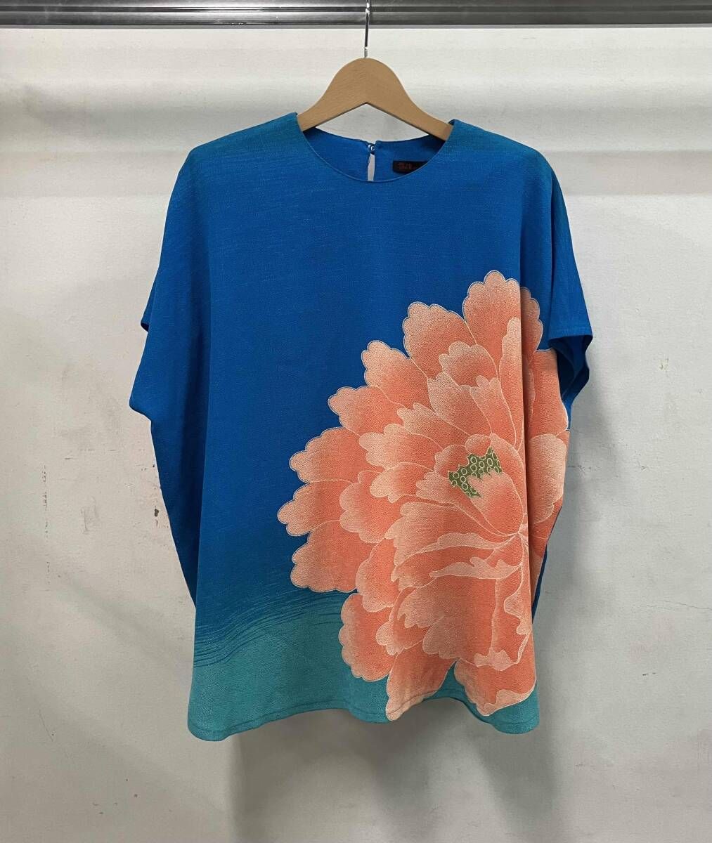 33053　詩仙堂　BY HITOSHI ちりめん　半袖プルオーバー 詩仙堂 BY HITOSHI ちりめん 青系 オレンジ 半袖Tシャツ カットソー 花
