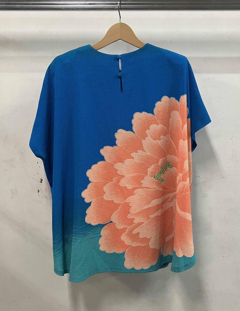 詩仙堂 BY HITOSHI ちりめん 青系 オレンジ 半袖Tシャツ カットソー 花