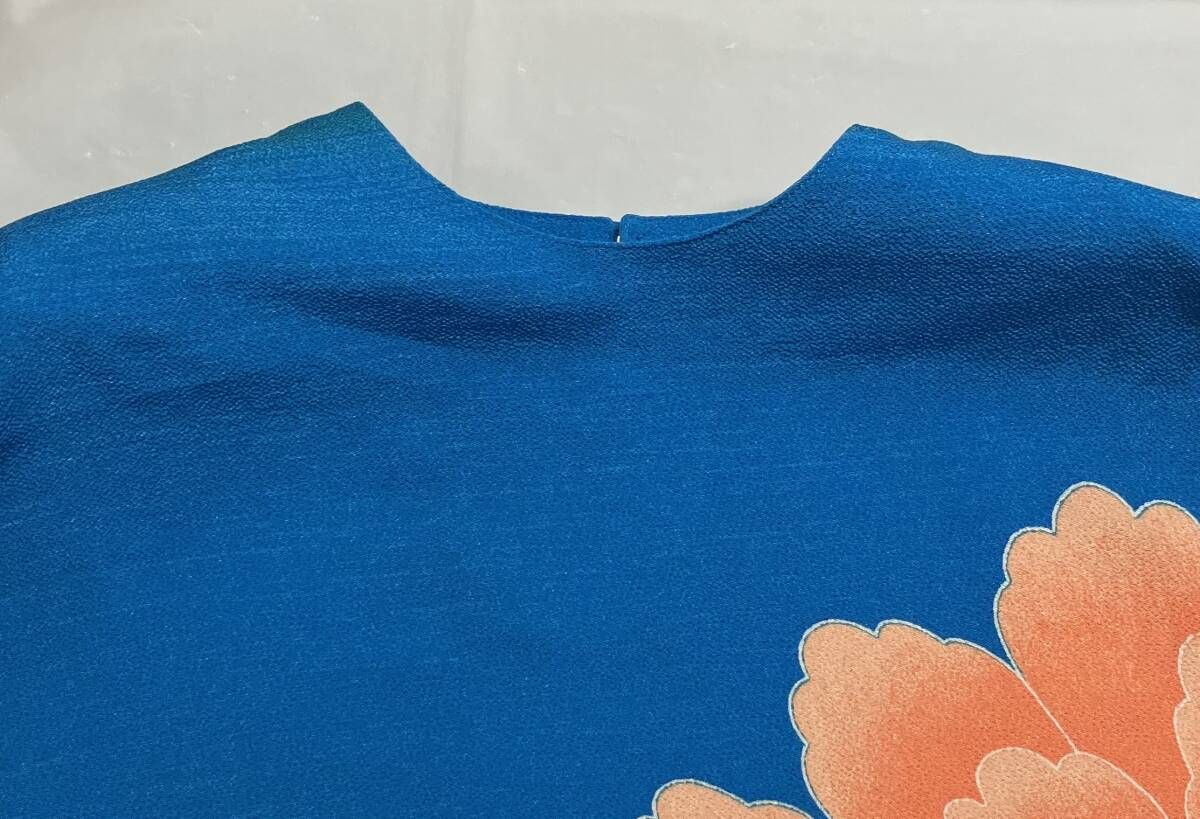 詩仙堂 BY HITOSHI ちりめん 青系 オレンジ 半袖Tシャツ カットソー 花