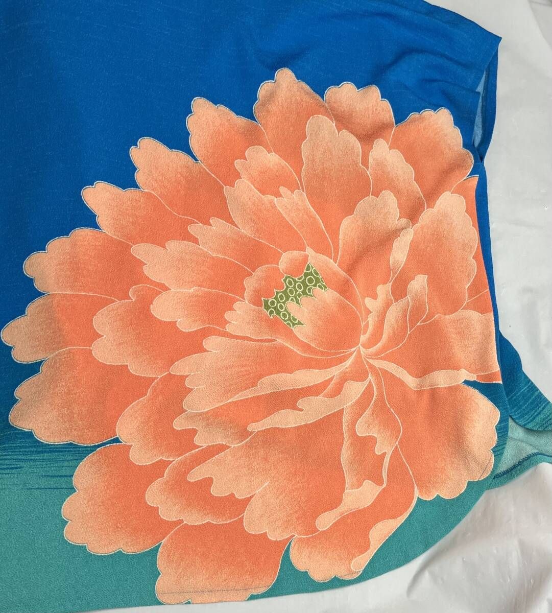 詩仙堂 BY HITOSHI ちりめん 青系 オレンジ 半袖Tシャツ カットソー 花